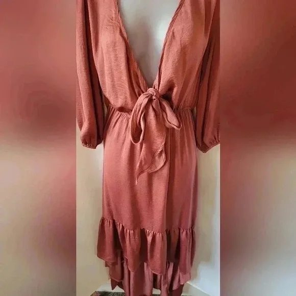BaeVely high-low tie front dress, size medium, color Baked Rose - Picture 3 of 12